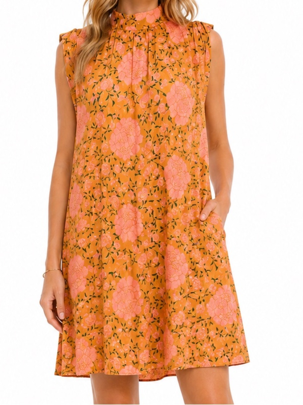 Novella Royale Floral Trapeze Midi Dress in Mustard Pink Floral Size Medium